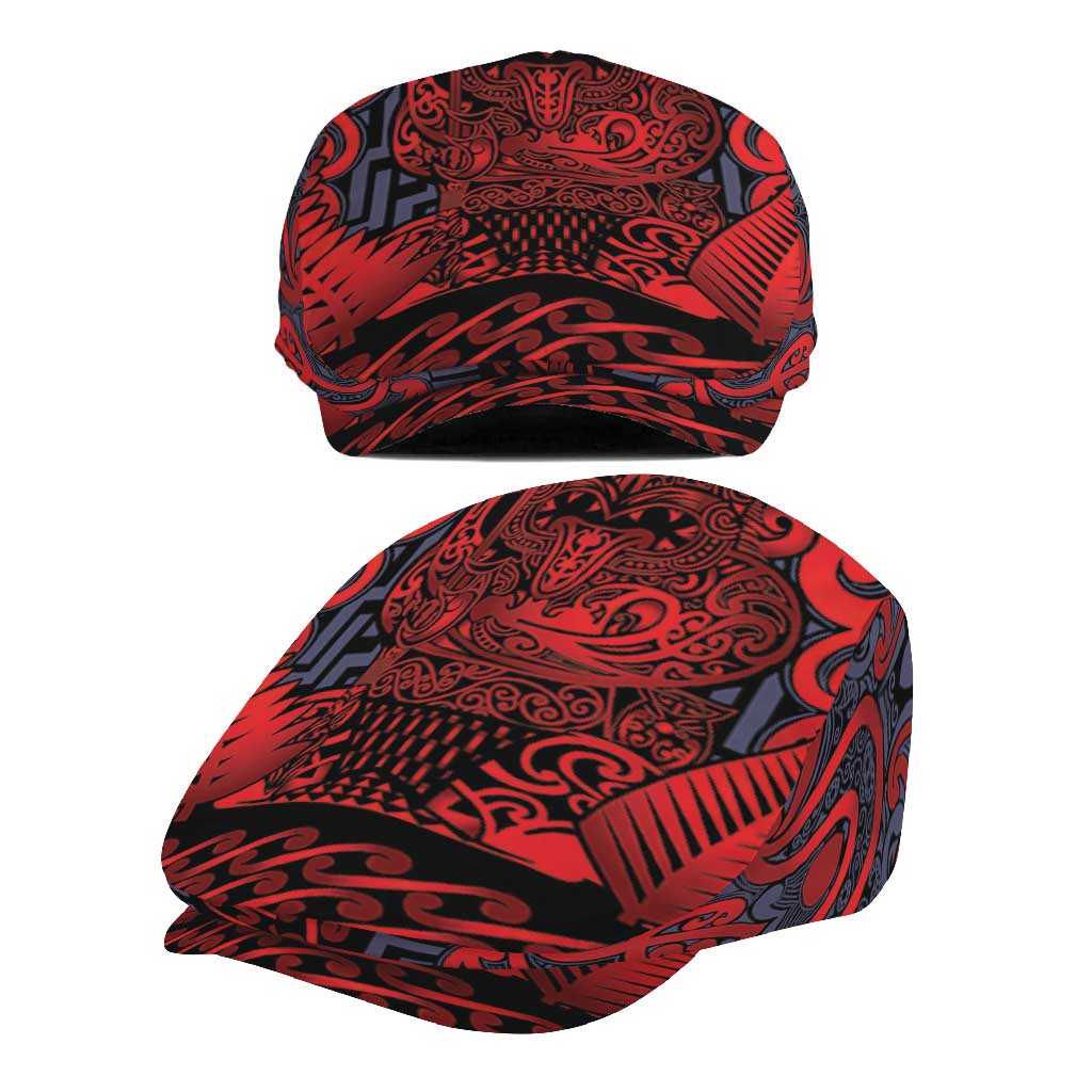 New Zealand Taiaha Maori Jeff Hat Whero Minimalist Silver Fern Tukutuku Motif LT9 - Polynesian Pride