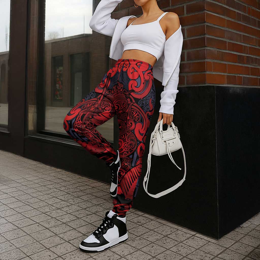 New Zealand Taiaha Maori Jogger Pants Whero Minimalist Silver Fern Tukutuku Motif LT9 - Polynesian Pride