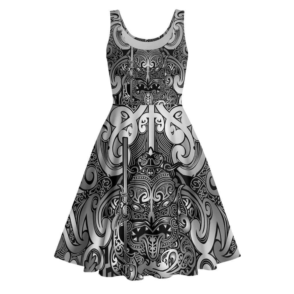 New Zealand Taiaha Maori Midi Dress Kiwikiwi Minimalist Silver Fern Tukutuku Motif