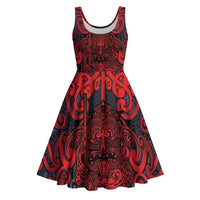 New Zealand Taiaha Maori Midi Dress Whero Minimalist Silver Fern Tukutuku Motif LT9 Red - Polynesian Pride