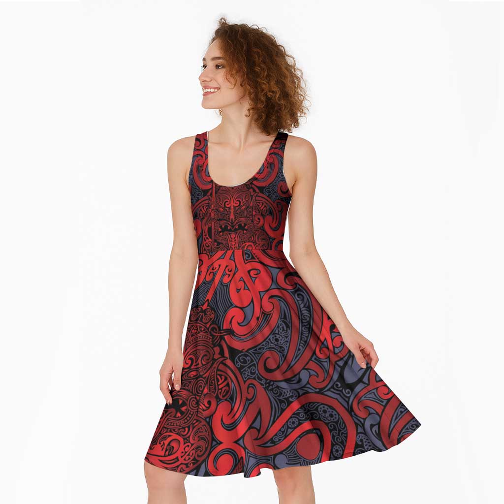 New Zealand Taiaha Maori Midi Dress Whero Minimalist Silver Fern Tukutuku Motif LT9 - Polynesian Pride