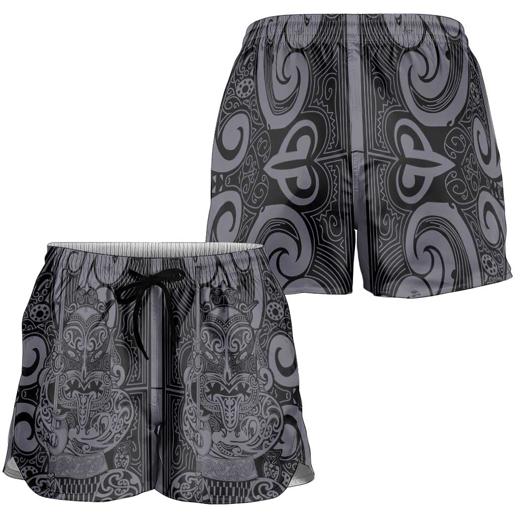 New Zealand Taiaha Maori Shorts for Women Minimalist Silver Fern All Black LT9 - Polynesian Pride