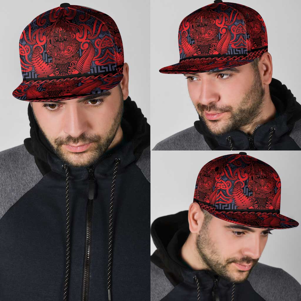 New Zealand Taiaha Maori Snapback Cap Whero Minimalist Silver Fern Tukutuku Motif LT9 - Polynesian Pride