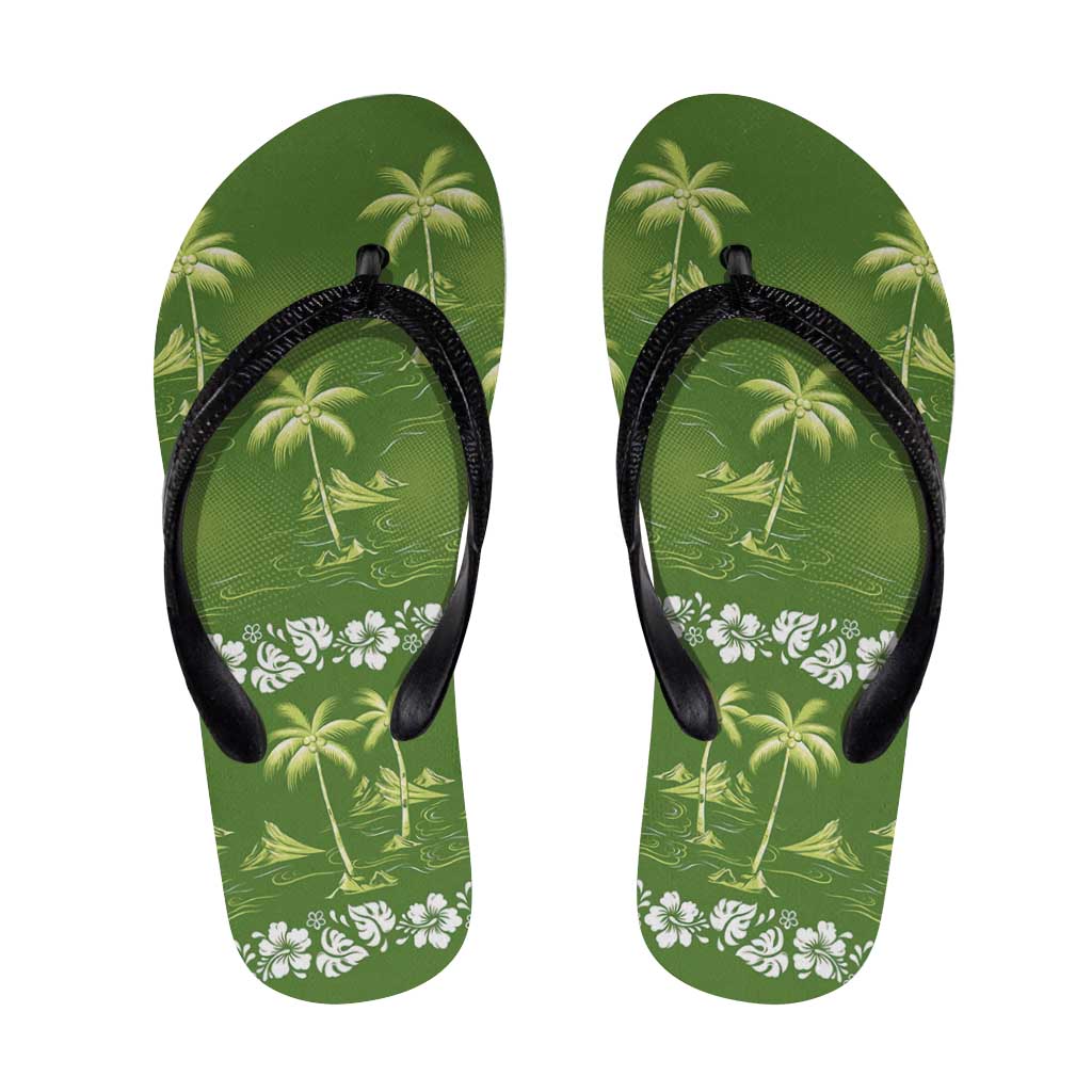 Olive Green Hawaii Palm Tree Hibiscus Flip Flops Fantasy Summer Vibe LT01 Olive - Polynesian Pride