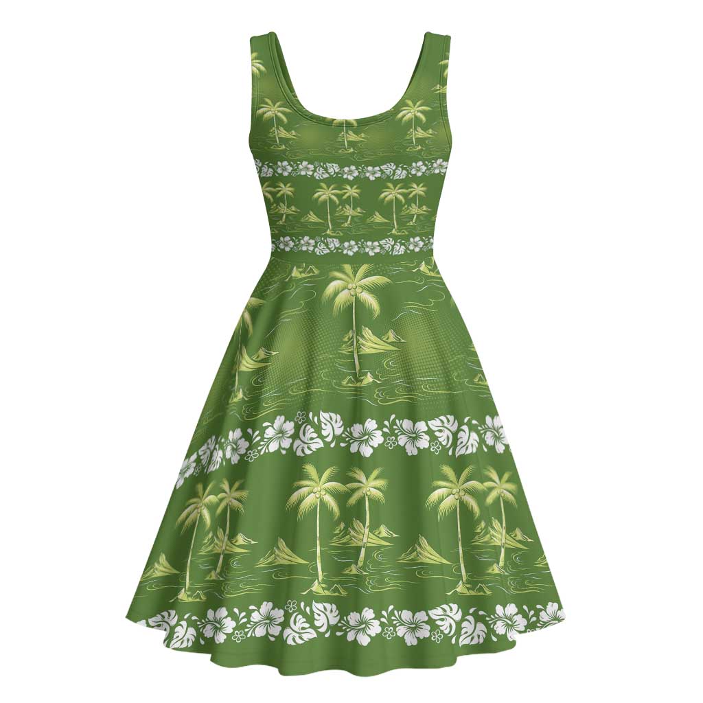 Olive Green Hawaii Palm Tree Hibiscus Midi Dress Fantasy Summer Vibe LT01 - Polynesian Pride