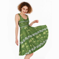 Olive Green Hawaii Palm Tree Hibiscus Midi Dress Fantasy Summer Vibe LT01 - Polynesian Pride