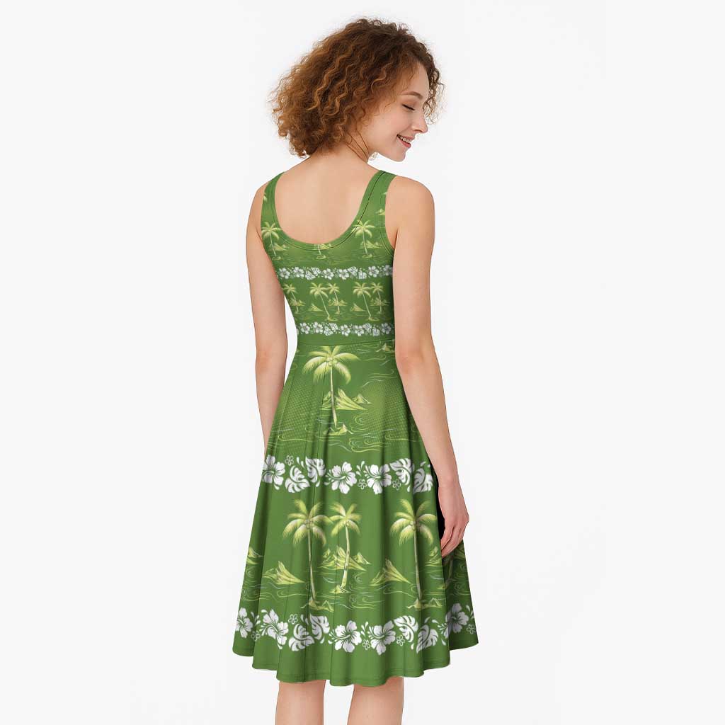 Olive Green Hawaii Palm Tree Hibiscus Midi Dress Fantasy Summer Vibe LT01 - Polynesian Pride