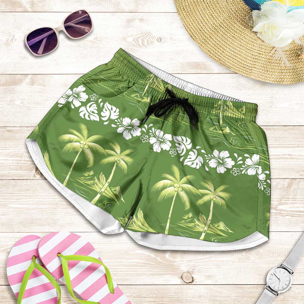 Olive Green Hawaii Palm Tree Hibiscus Shorts for Women Fantasy Summer Vibe LT01 Olive - Polynesian Pride