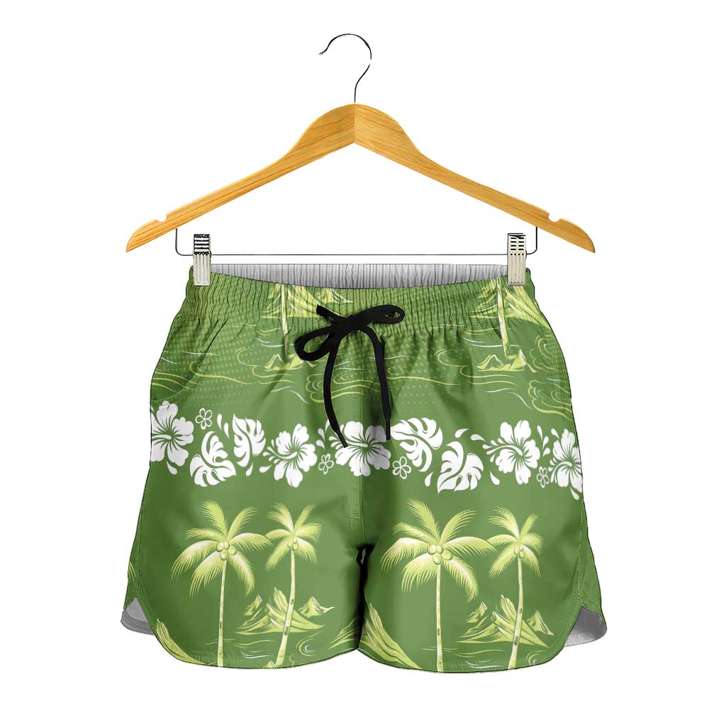 Olive Green Hawaii Palm Tree Hibiscus Shorts for Women Fantasy Summer Vibe LT01 - Polynesian Pride
