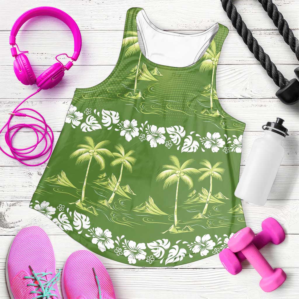 Olive Green Hawaii Palm Tree Hibiscus Women Racerback Tank Fantasy Summer Vibe LT01 Olive - Polynesian Pride