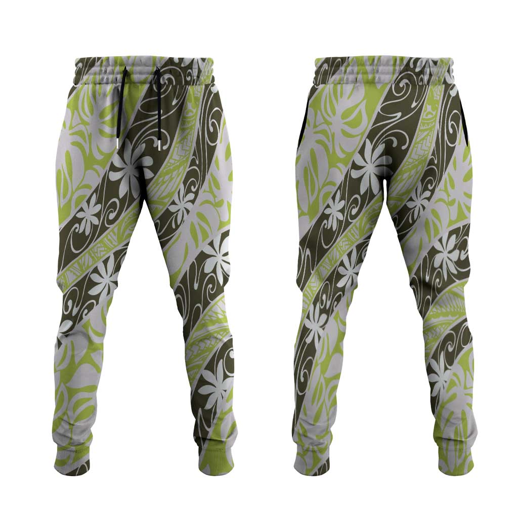 Olive Tahiti Tiare Monstera Jogger Pants Polynesian Pattern Curve Style - Polynesian Pride