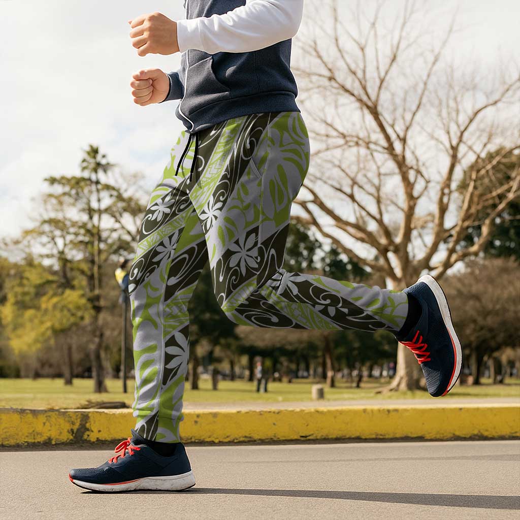 Olive Tahiti Tiare Monstera Jogger Pants Polynesian Pattern Curve Style - Polynesian Pride