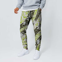 Olive Tahiti Tiare Monstera Jogger Pants Polynesian Pattern Curve Style - Polynesian Pride