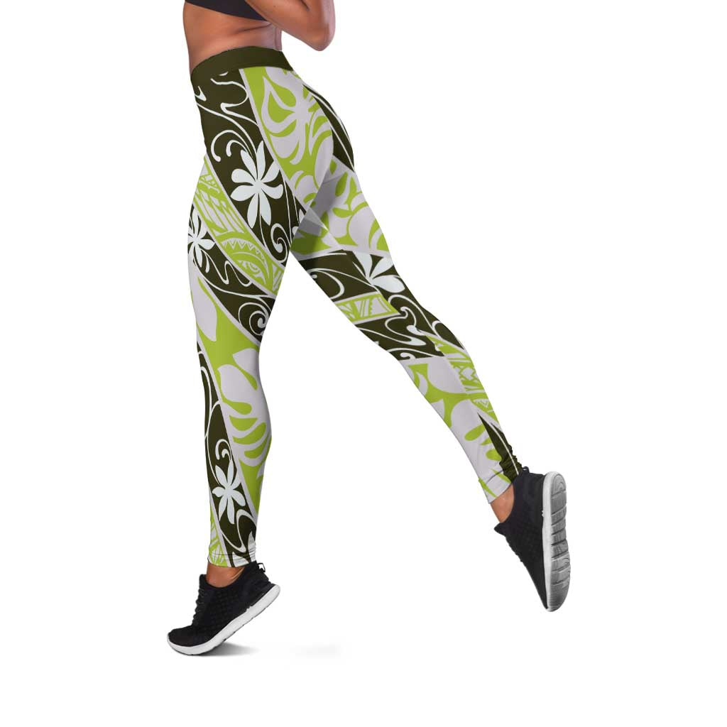 Olive Tahiti Tiare Monstera Leggings Polynesian Pattern Curve Style - Polynesian Pride