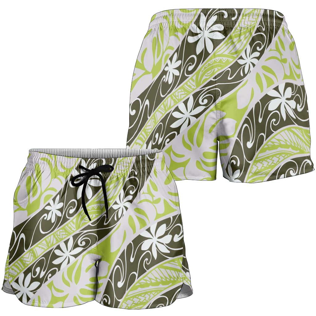 Olive Tahiti Tiare Monstera Shorts for Women Polynesian Pattern Curve Style - Polynesian Pride