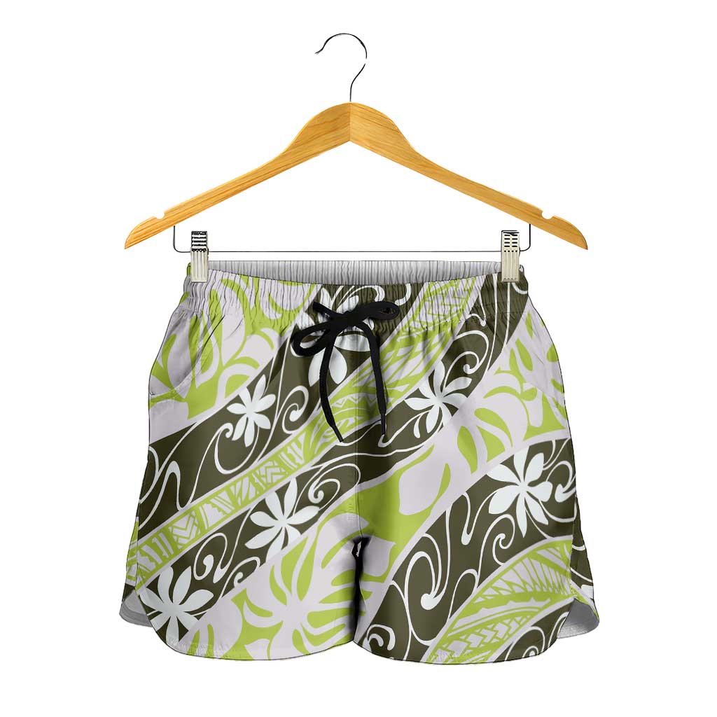 Olive Tahiti Tiare Monstera Shorts for Women Polynesian Pattern Curve Style - Polynesian Pride