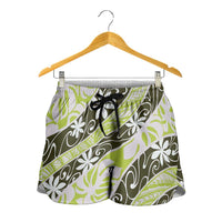 Olive Tahiti Tiare Monstera Shorts for Women Polynesian Pattern Curve Style - Polynesian Pride