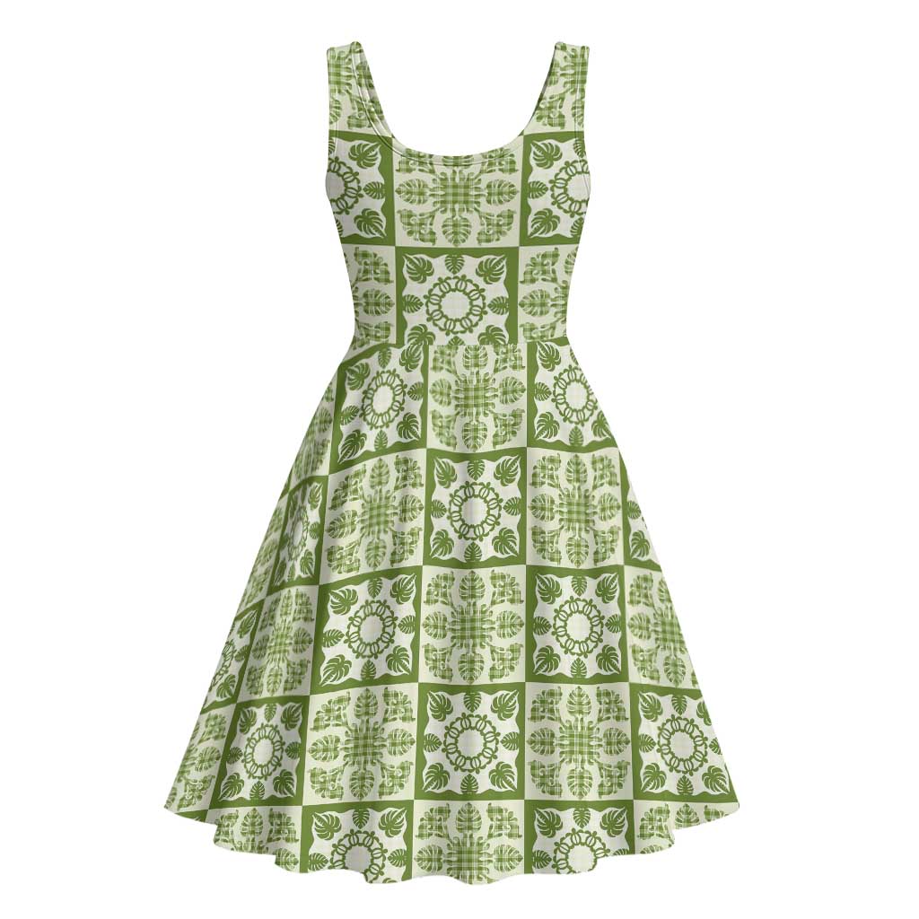 Omaomao Palaka Quilt Hawaii Midi Dress Hawaiian Tropical Monstera Sea Turtle