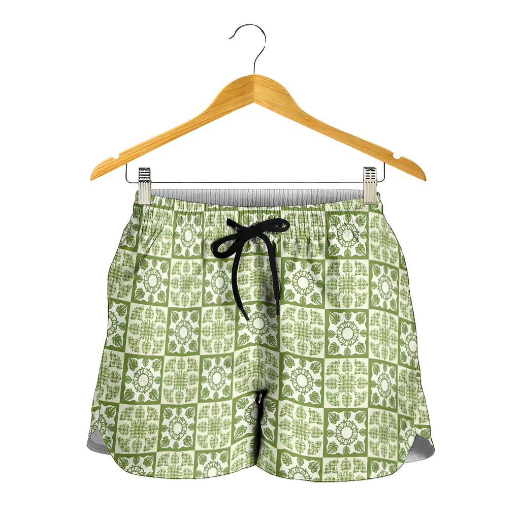 Omaomao Palaka Quilt Hawaii Shorts for Women Hawaiian Tropical Monstera Sea Turtle