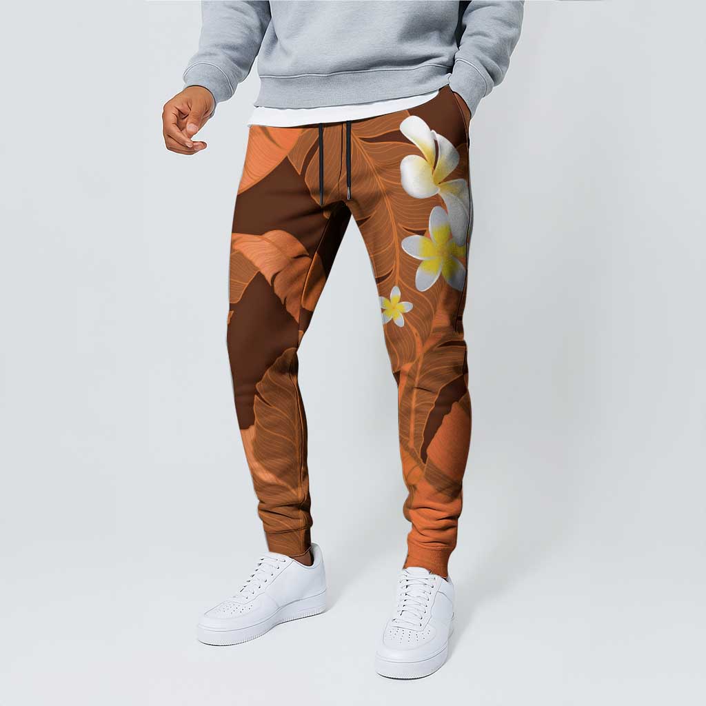 Orange Banana Leaf Hawaii Jogger Pants Lau Maia Plumeria Tropical Summer Vibes