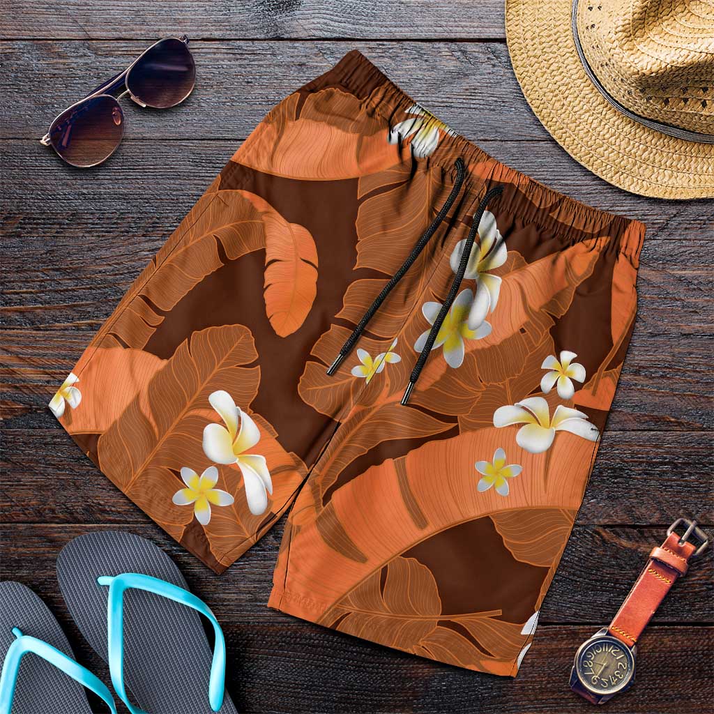 Orange Banana Leaf Hawaii Shorts for Men Lau Maia Plumeria Tropical Summer Vibes
