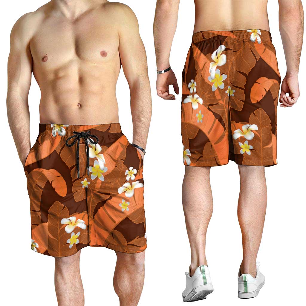 Orange Banana Leaf Hawaii Shorts for Men Lau Maia Plumeria Tropical Summer Vibes