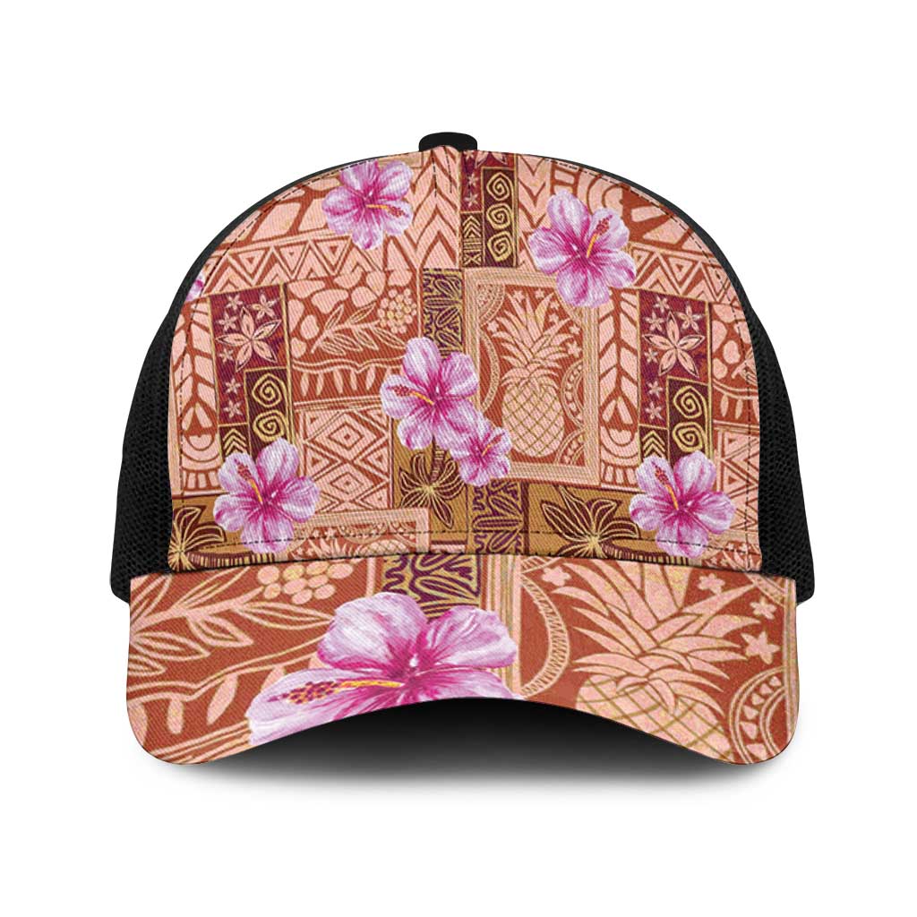 Orange Hawaii Hibiscus With Tropical Flowers Motifs Baseball Net Cap - Polynesian Pride