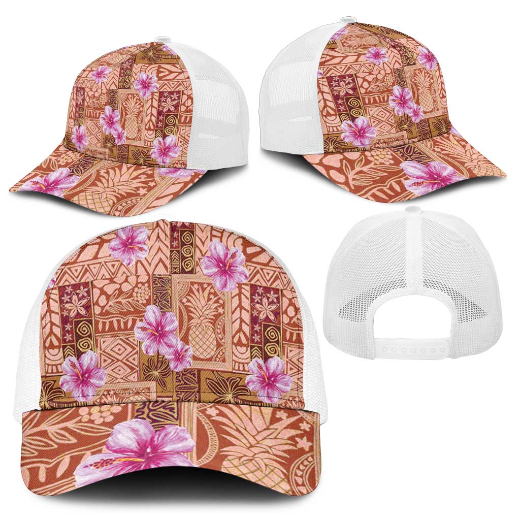 Orange Hawaii Hibiscus With Tropical Flowers Motifs Baseball Net Cap - Polynesian Pride
