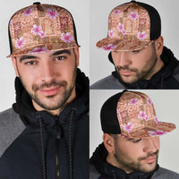 Orange Hawaii Hibiscus With Tropical Flowers Motifs Mesh Trucker Cap - Polynesian Pride