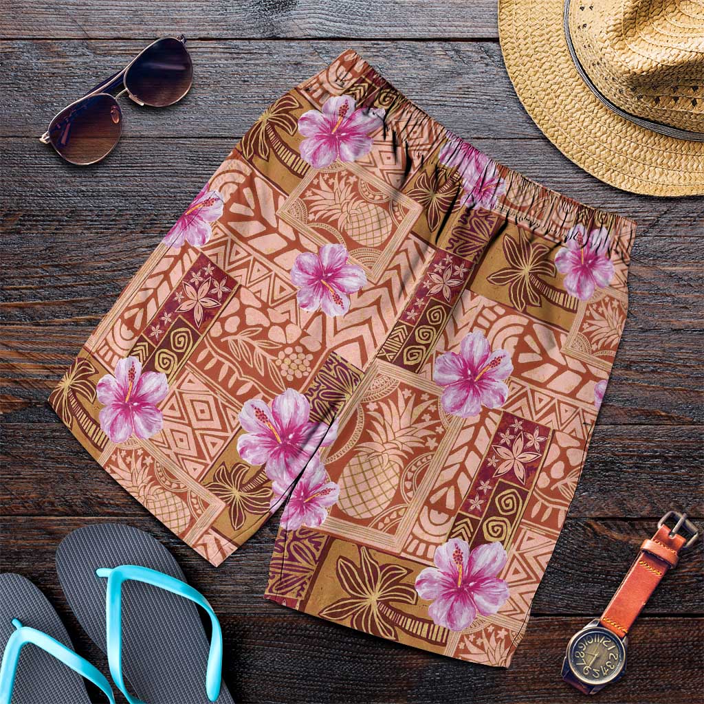 Orange Hawaii Hibiscus With Tropical Flowers Motifs Shorts for Men - Polynesian Pride