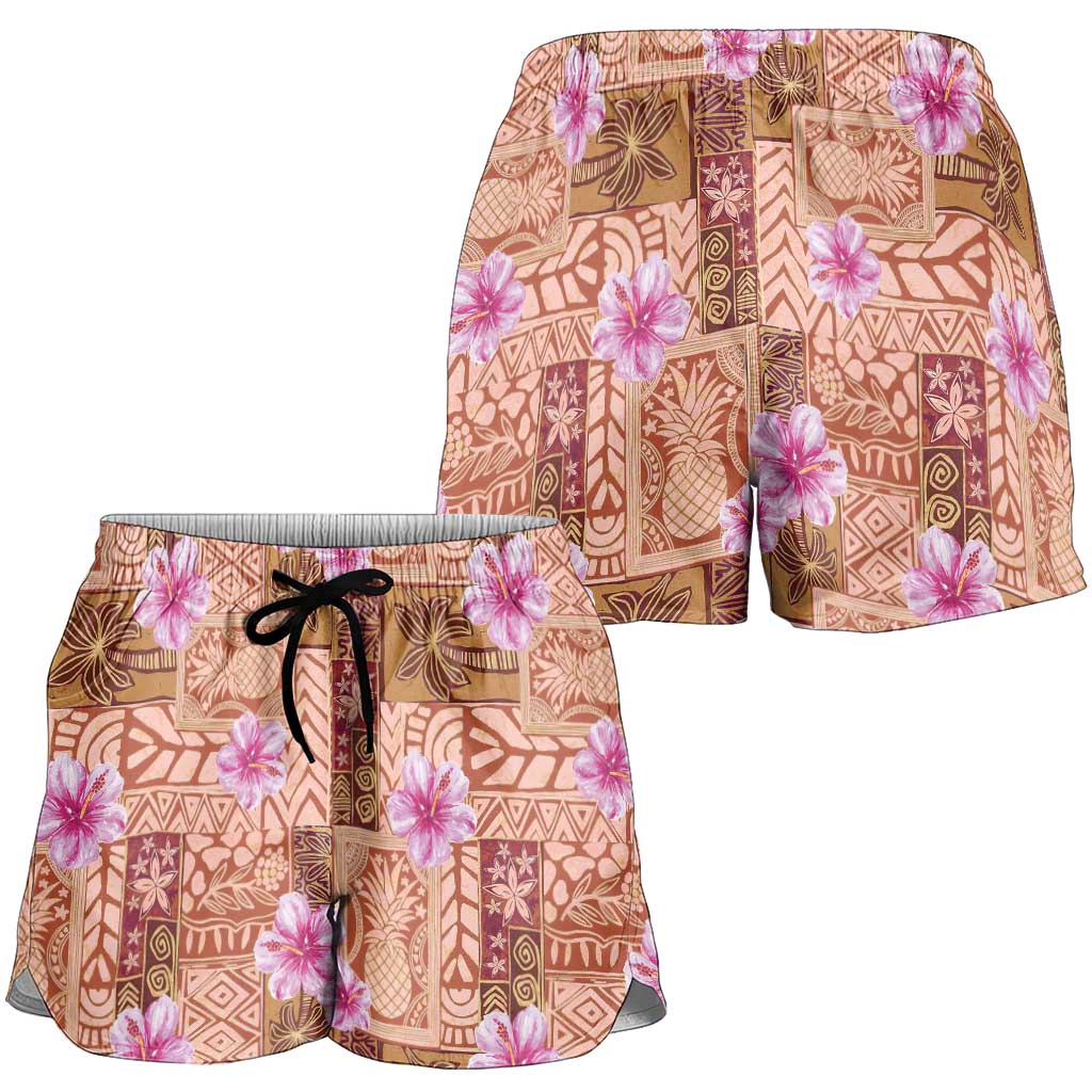 Orange Hawaii Hibiscus With Tropical Flowers Motifs Shorts for Women - Polynesian Pride
