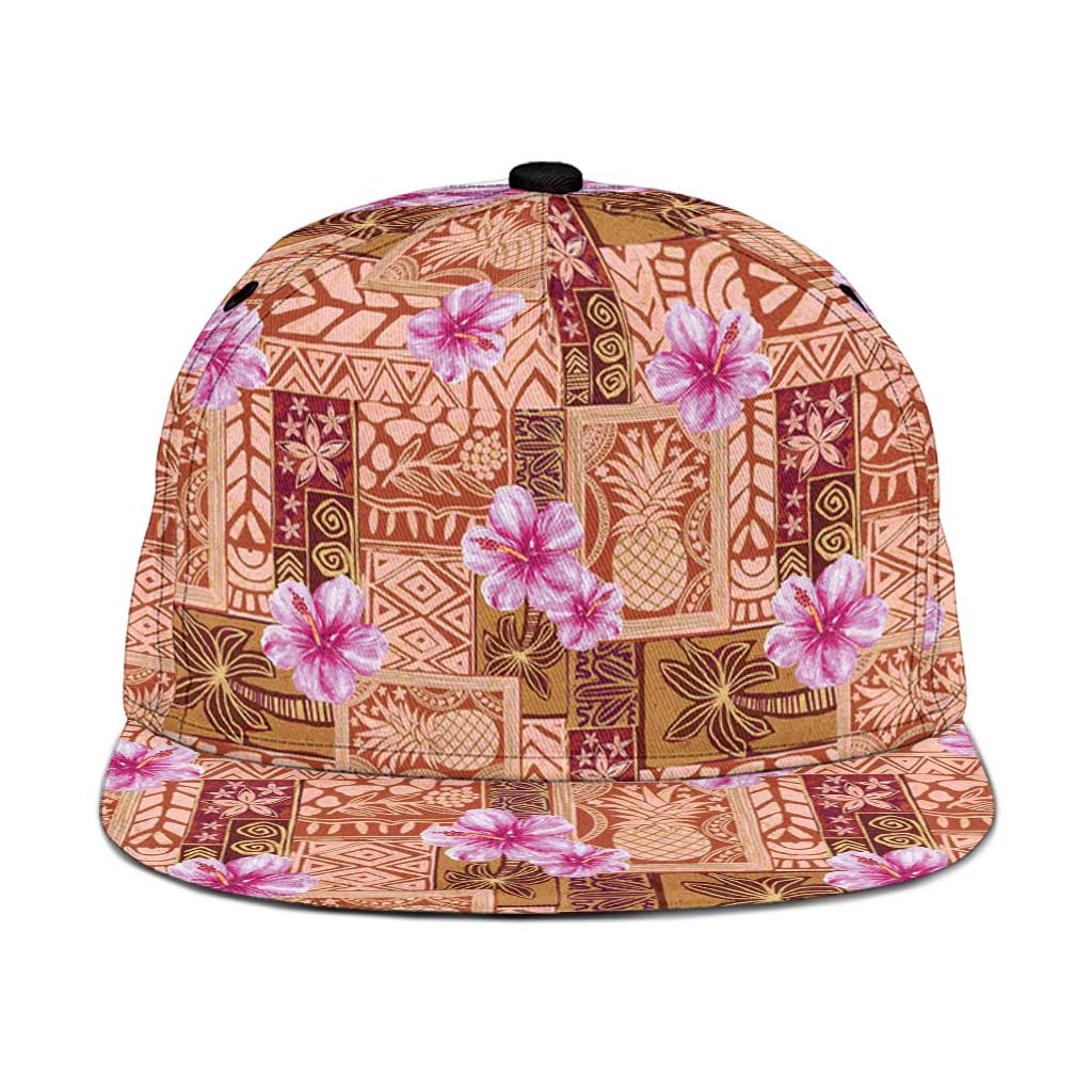 Orange Hawaii Hibiscus With Tropical Flowers Motifs Snapback Cap - Polynesian Pride