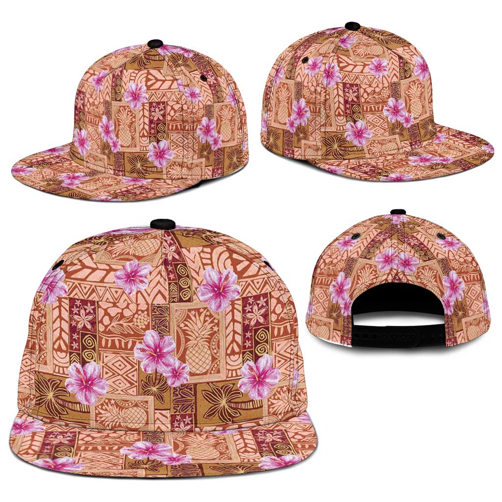 Orange Hawaii Hibiscus With Tropical Flowers Motifs Snapback Cap - Polynesian Pride