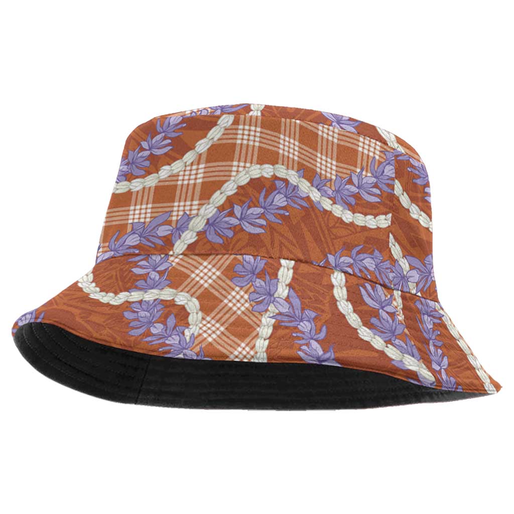 Orange Hawaii Palaka Honohono Pikake Bucket Hat Hawaiian Orchid Lei Polynesian Pattern - Polynesian Pride
