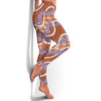 Orange Hawaii Palaka Honohono Pikake Leggings Hawaiian Orchid Lei Polynesian Pattern - Polynesian Pride