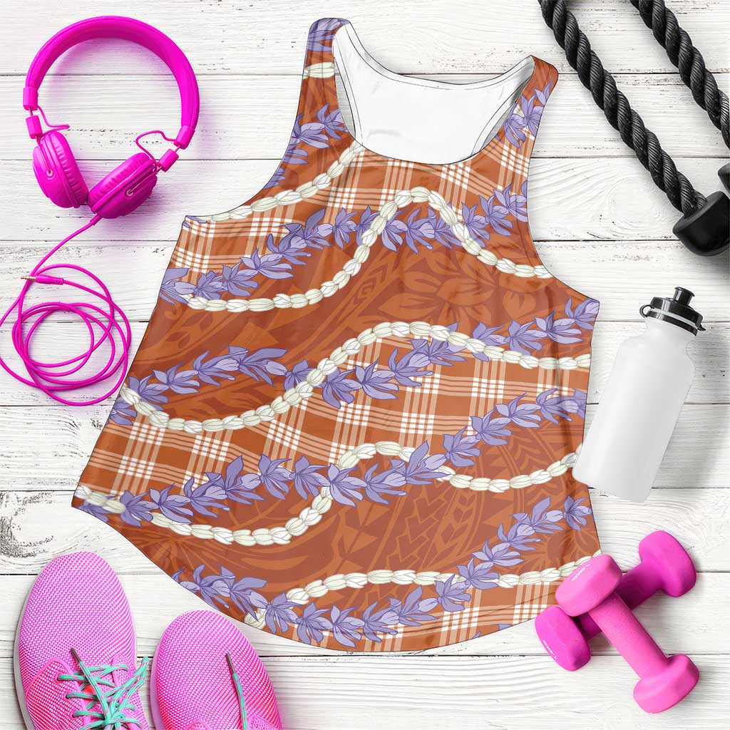 Orange Hawaii Palaka Honohono Pikake Women Racerback Tank Hawaiian Orchid Lei Polynesian Pattern - Polynesian Pride