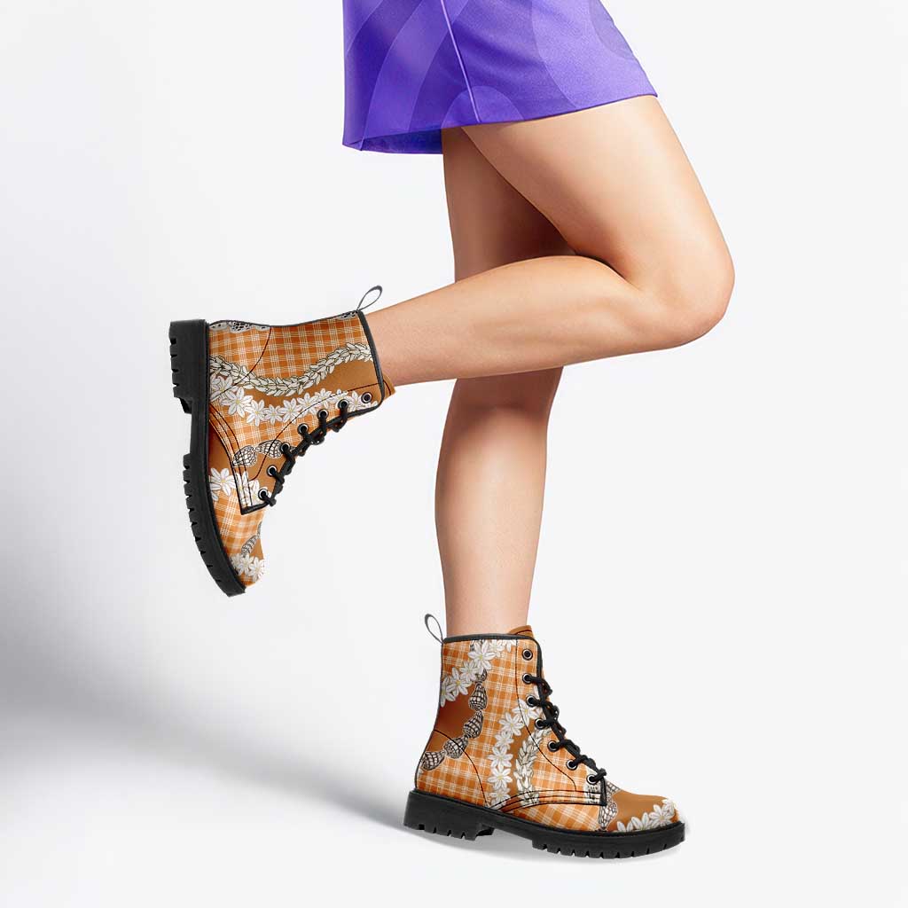 Orange Hawaii Tiare and Shell Lei Leather Boots Hawaiian Palaka Luxury Vibes - Polynesian Pride