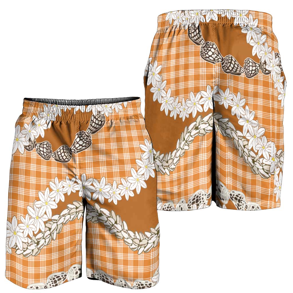 Orange Hawaii Tiare and Shell Lei Shorts for Men Hawaiian Palaka Luxury Vibes - Polynesian Pride