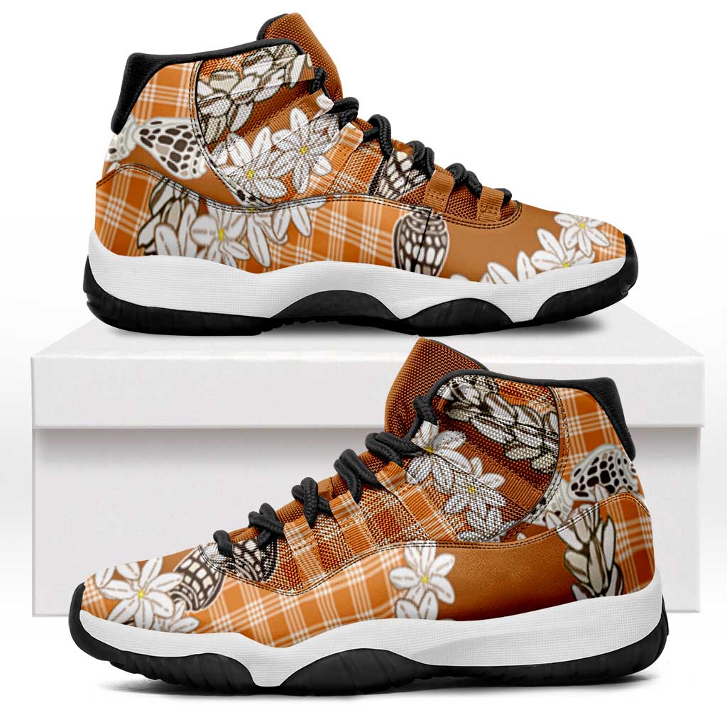 Orange Hawaii Tiare and Shell Lei Sneakers J11 Hawaiian Palaka Luxury Vibes - Polynesian Pride
