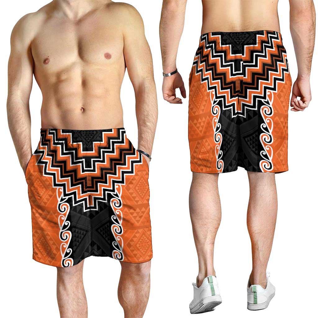 Orange Niho Taniwha Mix Poutama Shorts for Men Unique Taniko Aotearoa - Polynesian Pride