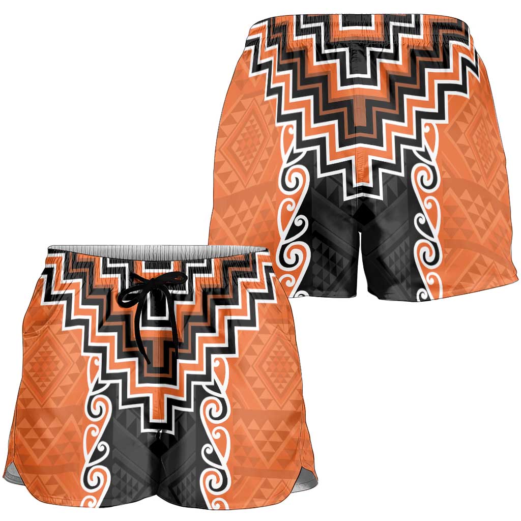 Orange Niho Taniwha Mix Poutama Shorts for Women Unique Taniko Aotearoa - Polynesian Pride