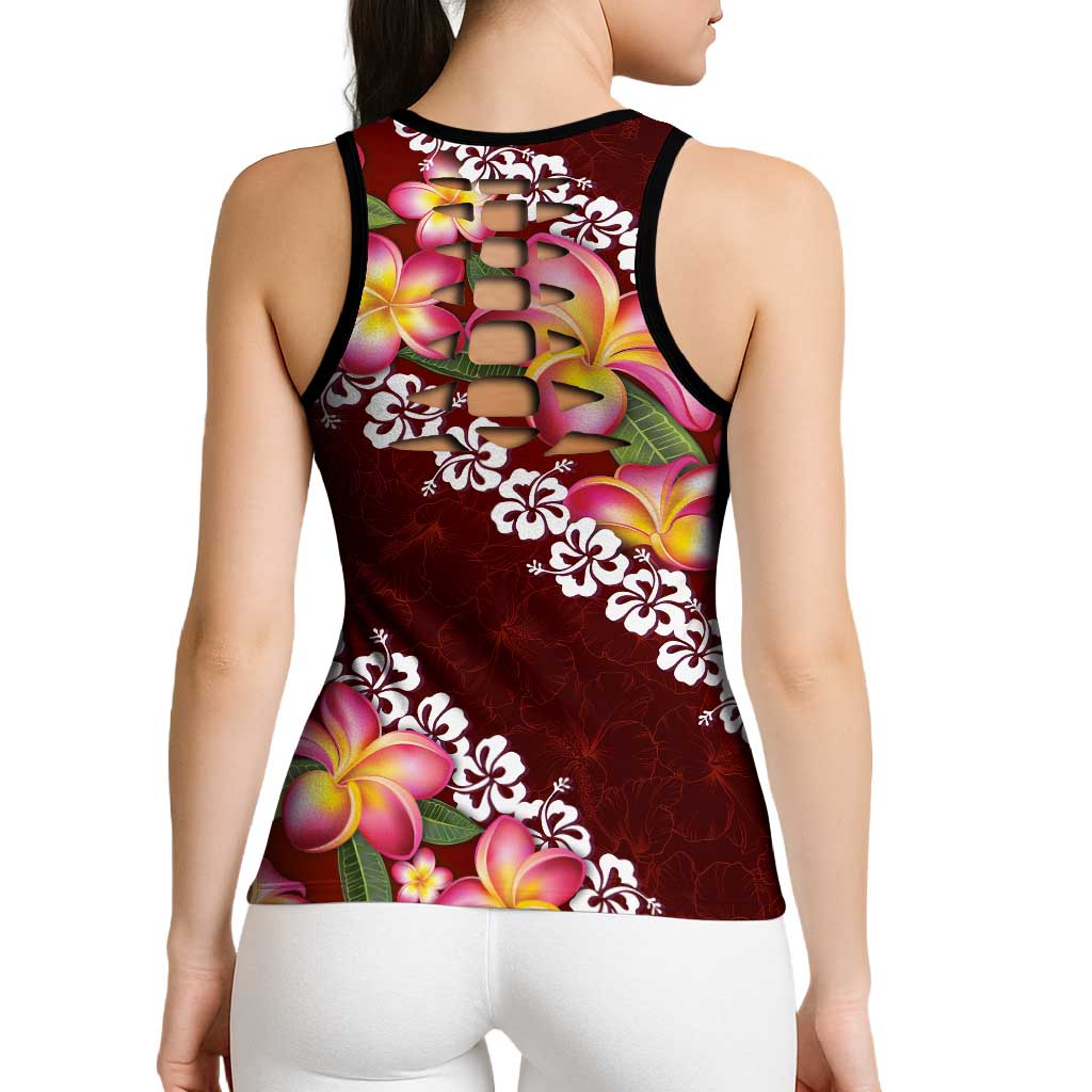 Oxblood Polynesia Hollow Tank Top Plumeria With Hibiscus Pattern Tropical Vibes - Polynesian Pride
