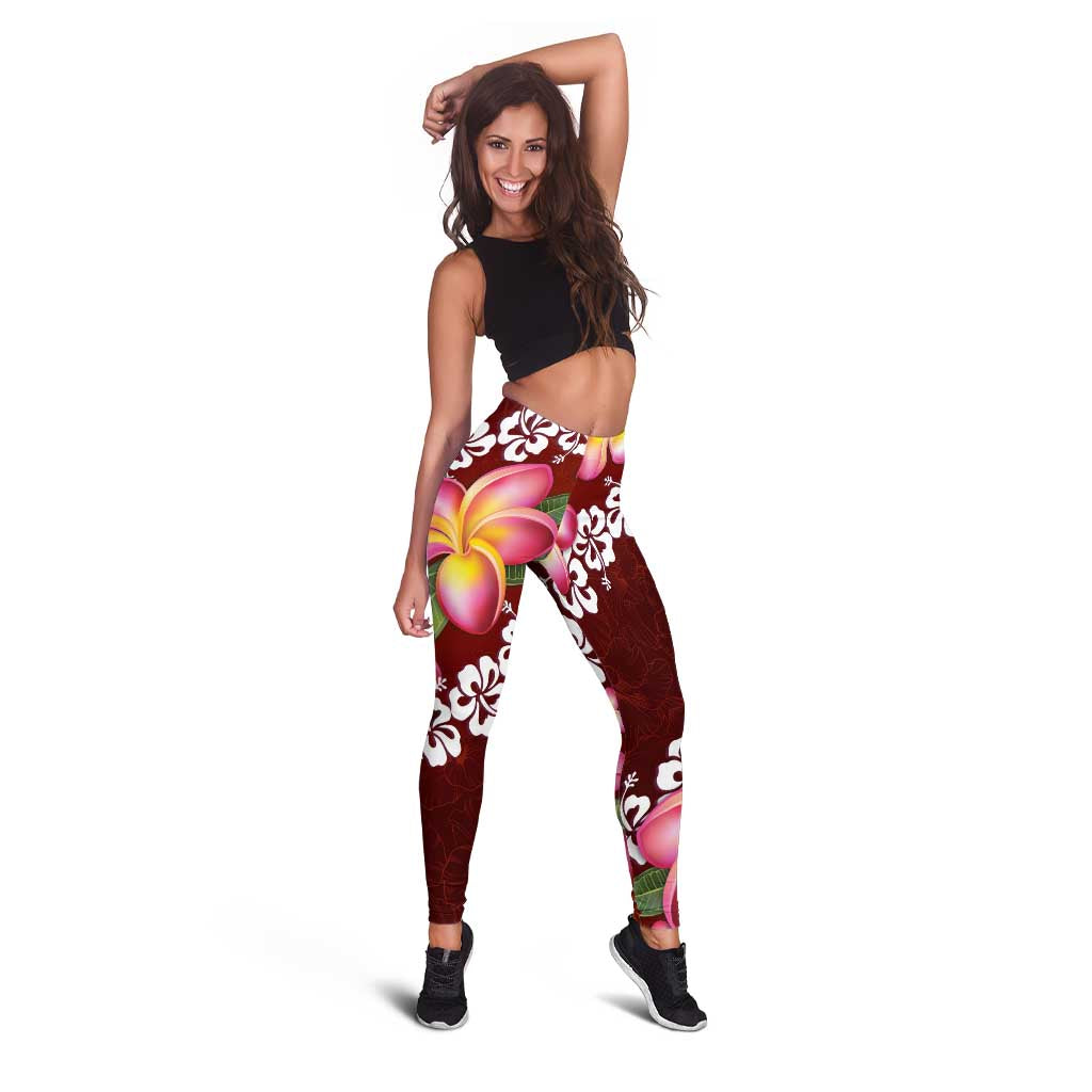 Oxblood Polynesia Leggings Plumeria With Hibiscus Pattern Tropical Vibes - Polynesian Pride