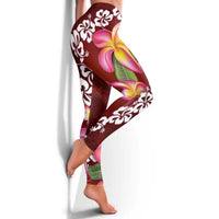 Oxblood Polynesia Leggings Plumeria With Hibiscus Pattern Tropical Vibes - Polynesian Pride