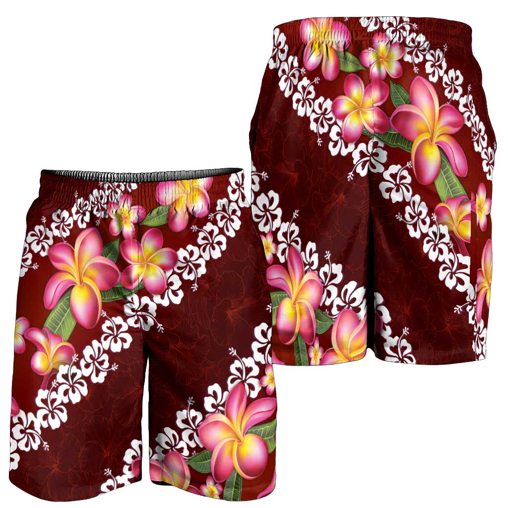 Oxblood Polynesia Shorts for Men Plumeria With Hibiscus Pattern Tropical Vibes - Polynesian Pride
