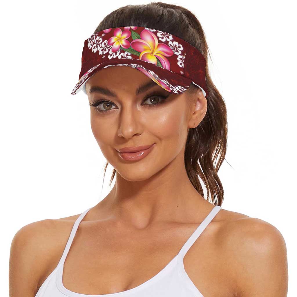 Oxblood Polynesia Sun Visor Cap Plumeria With Hibiscus Pattern Tropical Vibes