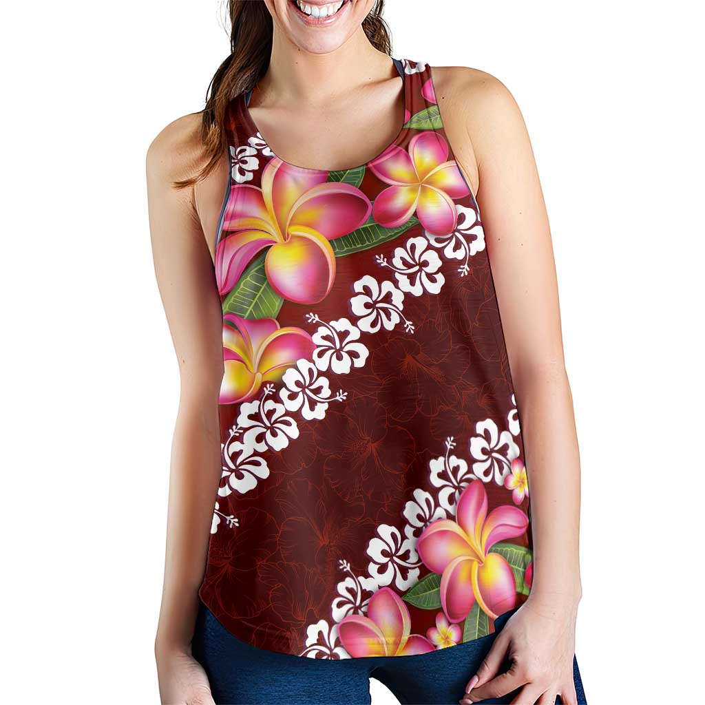 Oxblood Polynesia Women Racerback Tank Plumeria With Hibiscus Pattern Tropical Vibes - Polynesian Pride