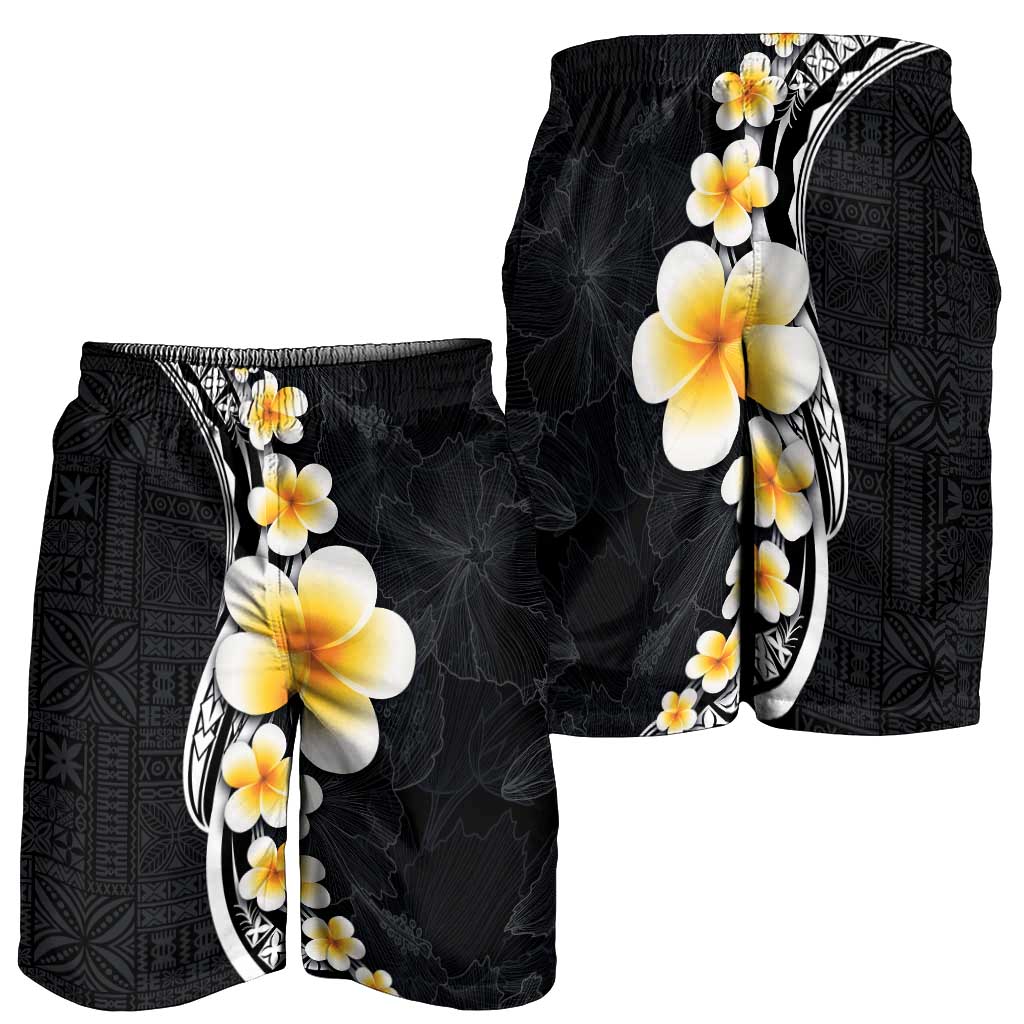 Pacific Hibiscus and Plumeria Tapa Pattern Shorts for Men Black Color - Polynesian Pride
