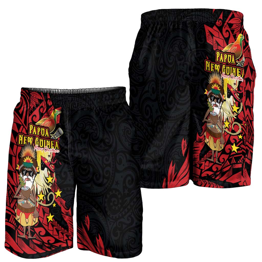 Papua New Guinea Christmas Shorts for Men Funny Melanesian Santa with Bird-of-paradise Tribal Style - Polynesian Pride