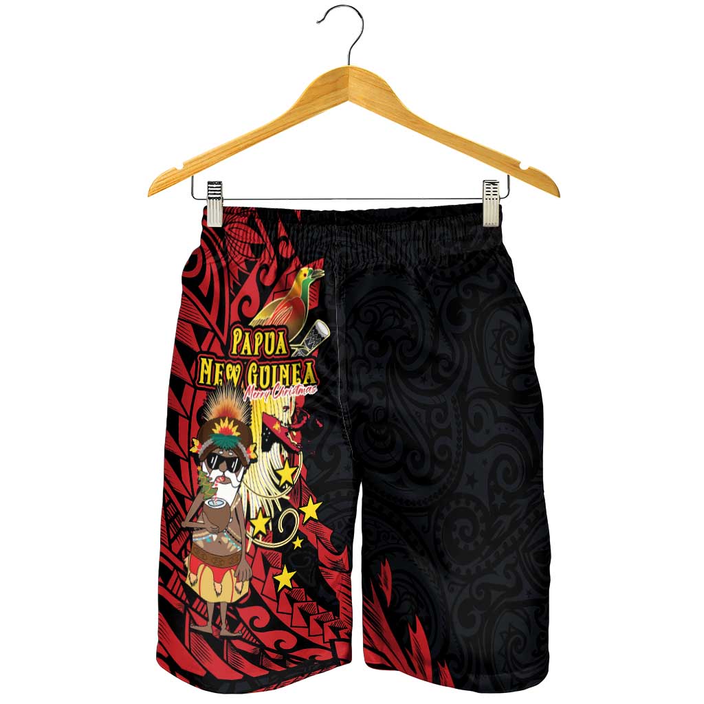 Papua New Guinea Christmas Shorts for Men Funny Melanesian Santa with Bird-of-paradise Tribal Style - Polynesian Pride